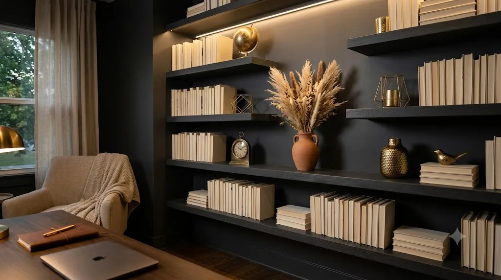 Charcoal shelves with cream book spines, gold accents, and dried botanical elements